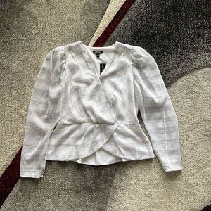 Express Windowpane Long Sleeve Peplum Blouse